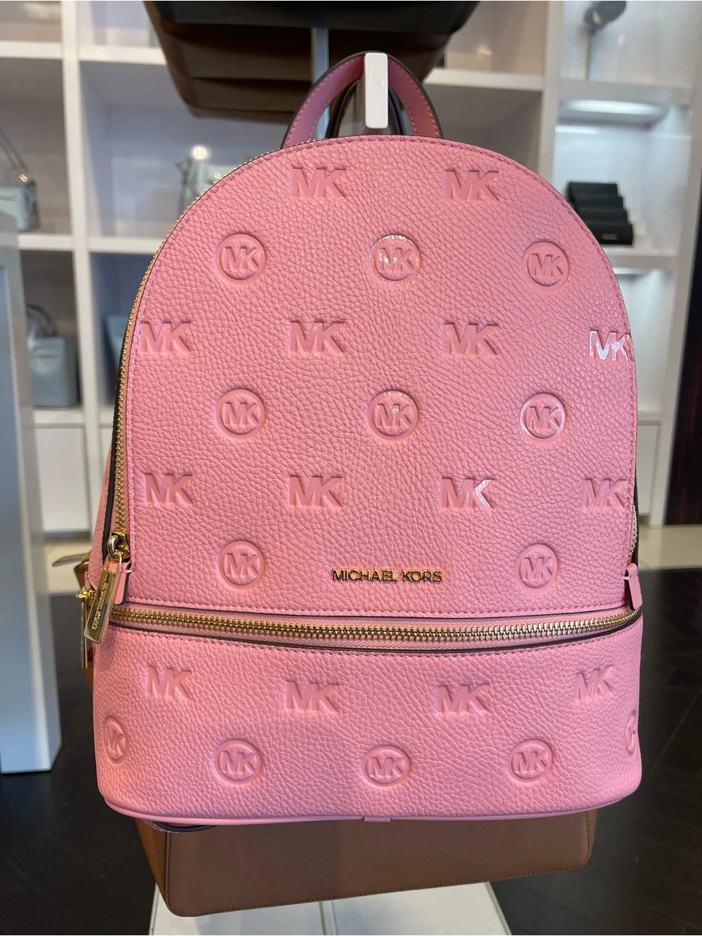 Michael Kors Rhea Medium Zip MK Logo Debossed Backpack Carnation NWT